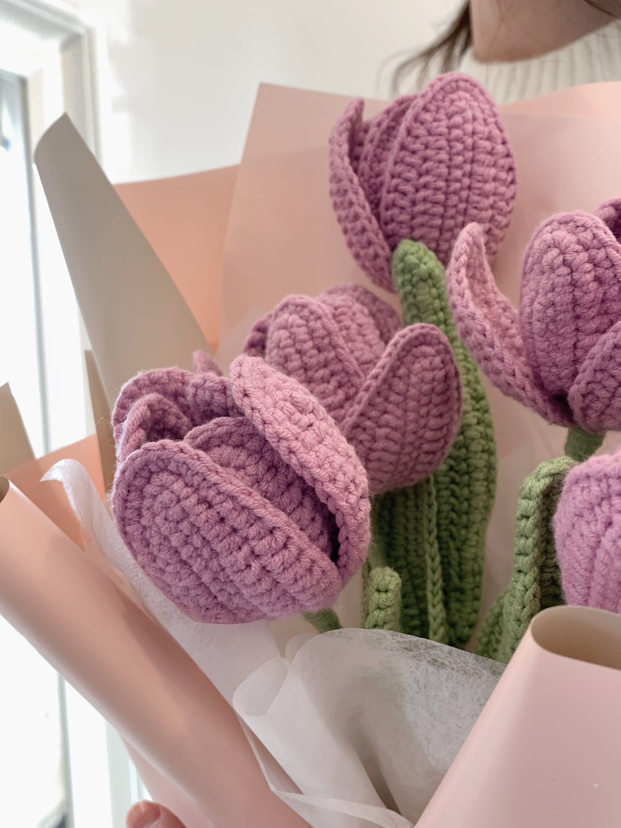 6 Purple Tulips Crochet Flower Bouquet| Pink Wrapping