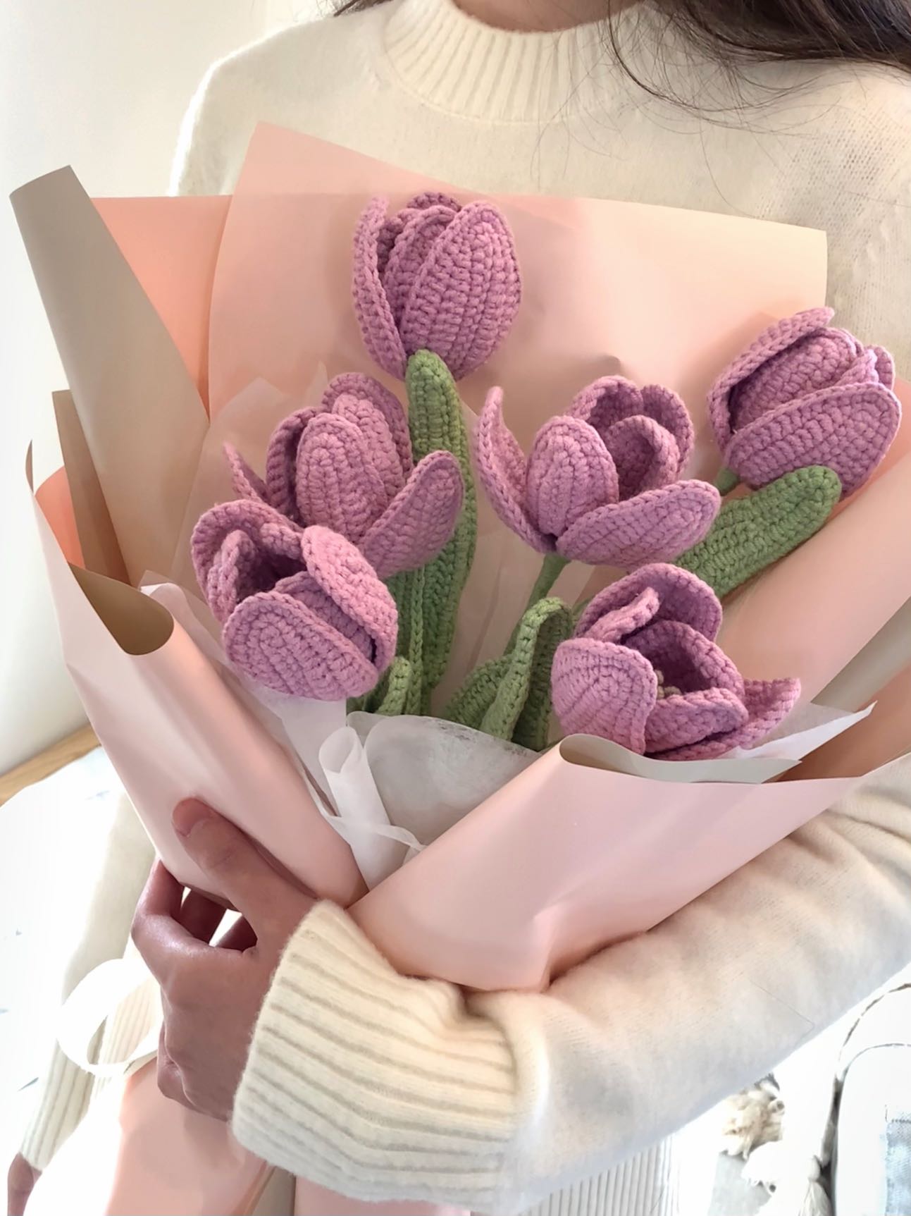 6 Purple Tulips Crochet Flower Bouquet| Pink Wrapping