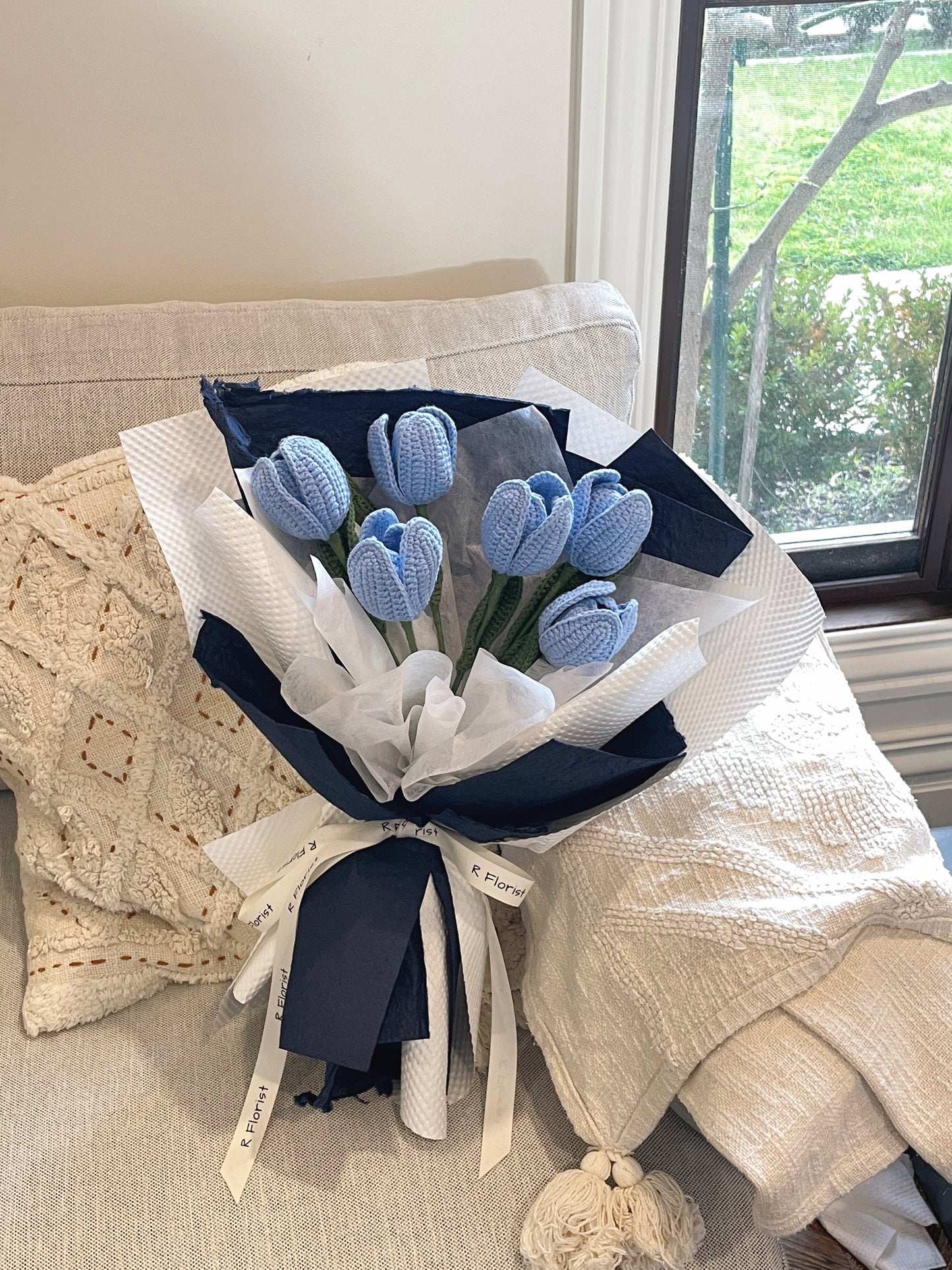 6 Blue Tulips Crochet Flower Bouquet| Preserved Flower
