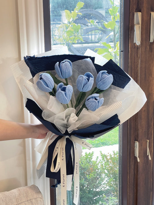 6 Blue Tulips Crochet Flower Bouquet| Preserved Flower
