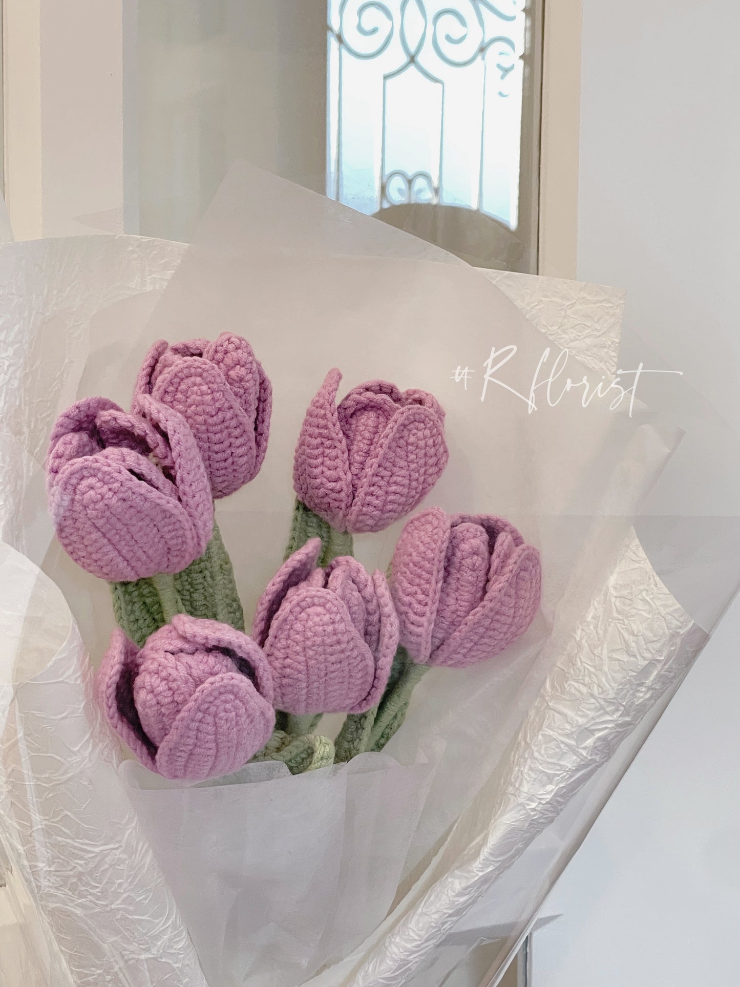 6 Purple Tulips Crochet Flower Bouquet| white wrapping