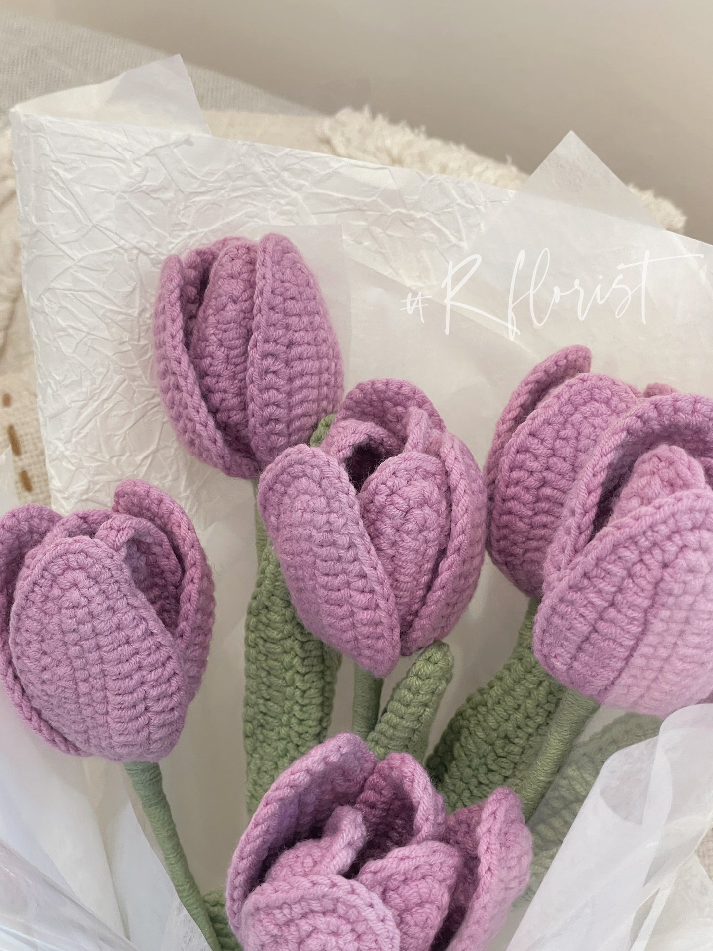 6 Purple Tulips Crochet Flower Bouquet| white wrapping