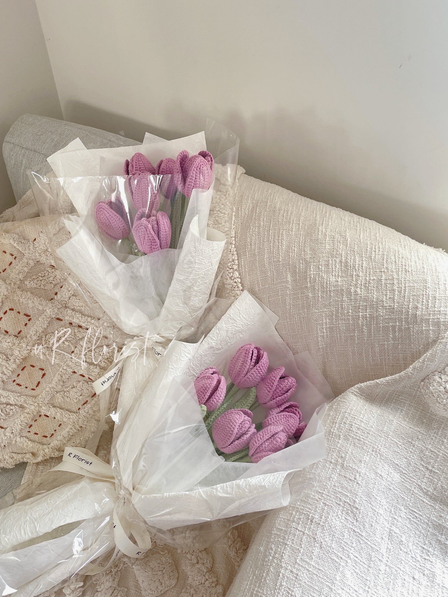 6 Purple Tulips Crochet Flower Bouquet| white wrapping