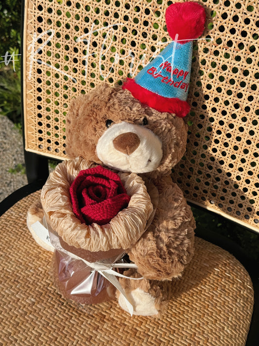 Birthday Teddybear Crochet Bouquet| Single Red Rose| Preserved Flower