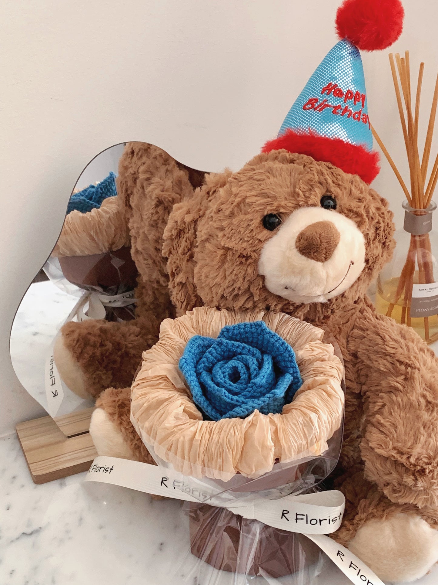 Birthday Teddybear Crochet Bouquet| Single Red Rose| Preserved Flower