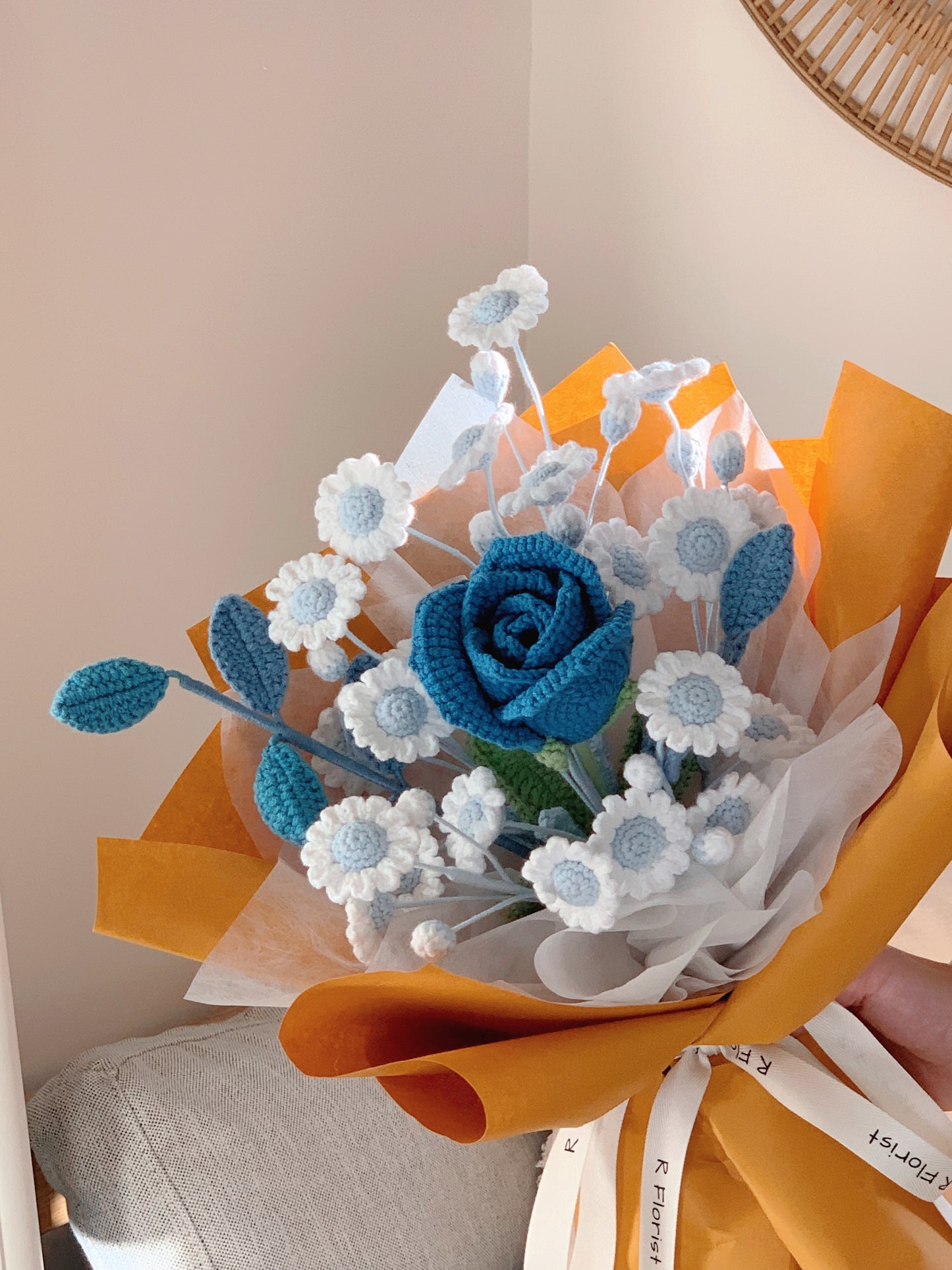 A Blue Rose with Daisies Crochet Bouquet| preserved flower