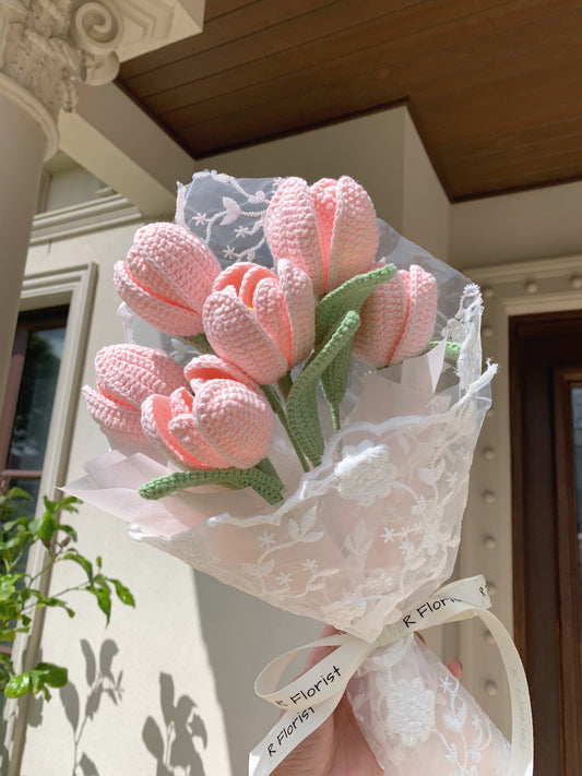 Pink Tulips Crochet Flower Bouquet| Lace Wrapped| Preserved Flower
