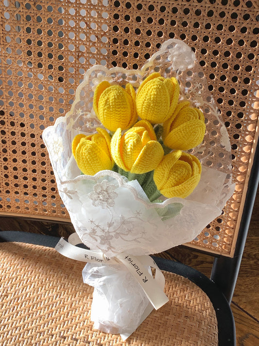 Bright Yellow Tulips Crochet Flower Bouquet| Lace Wrapped| Preserved Flower