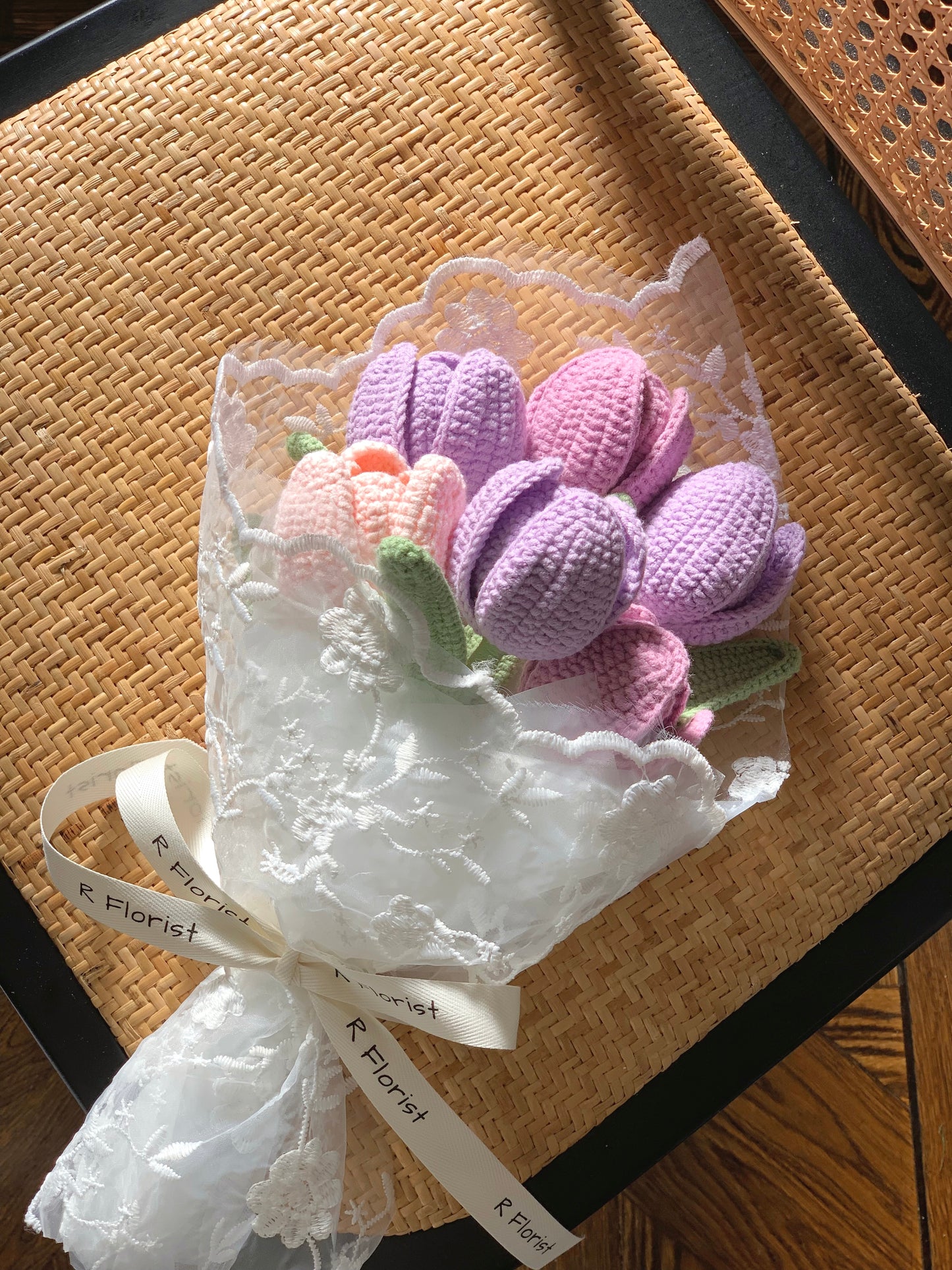 Pink & Purple Tulips Crochet Bouquet| Lace Wrapped Preserved Flower