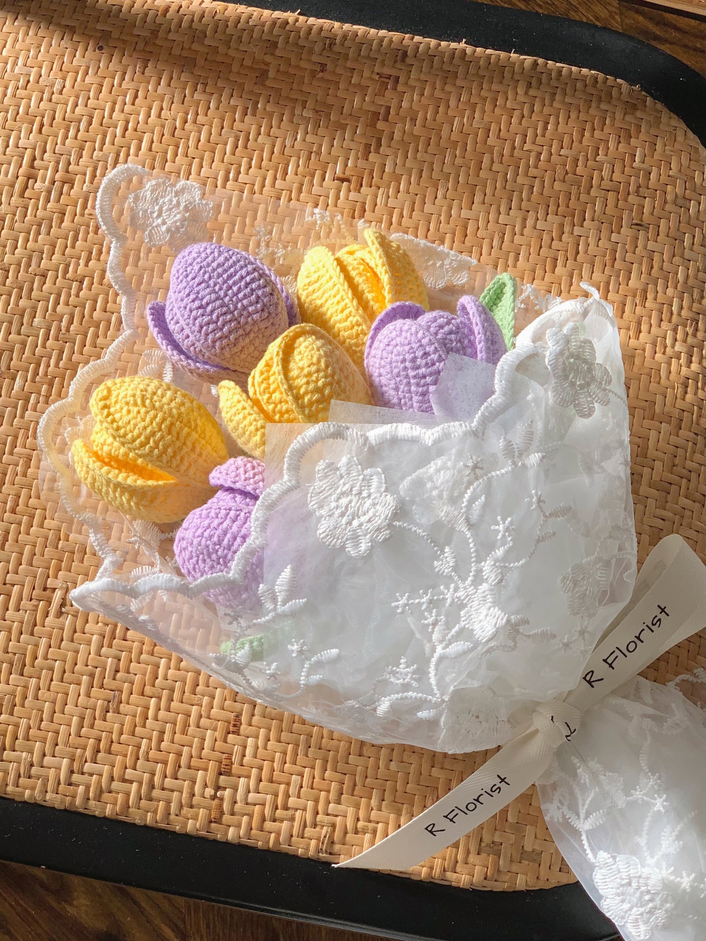 Bright Yellow Tulips Crochet Flower Bouquet| Lace Wrapped| Preserved Flower