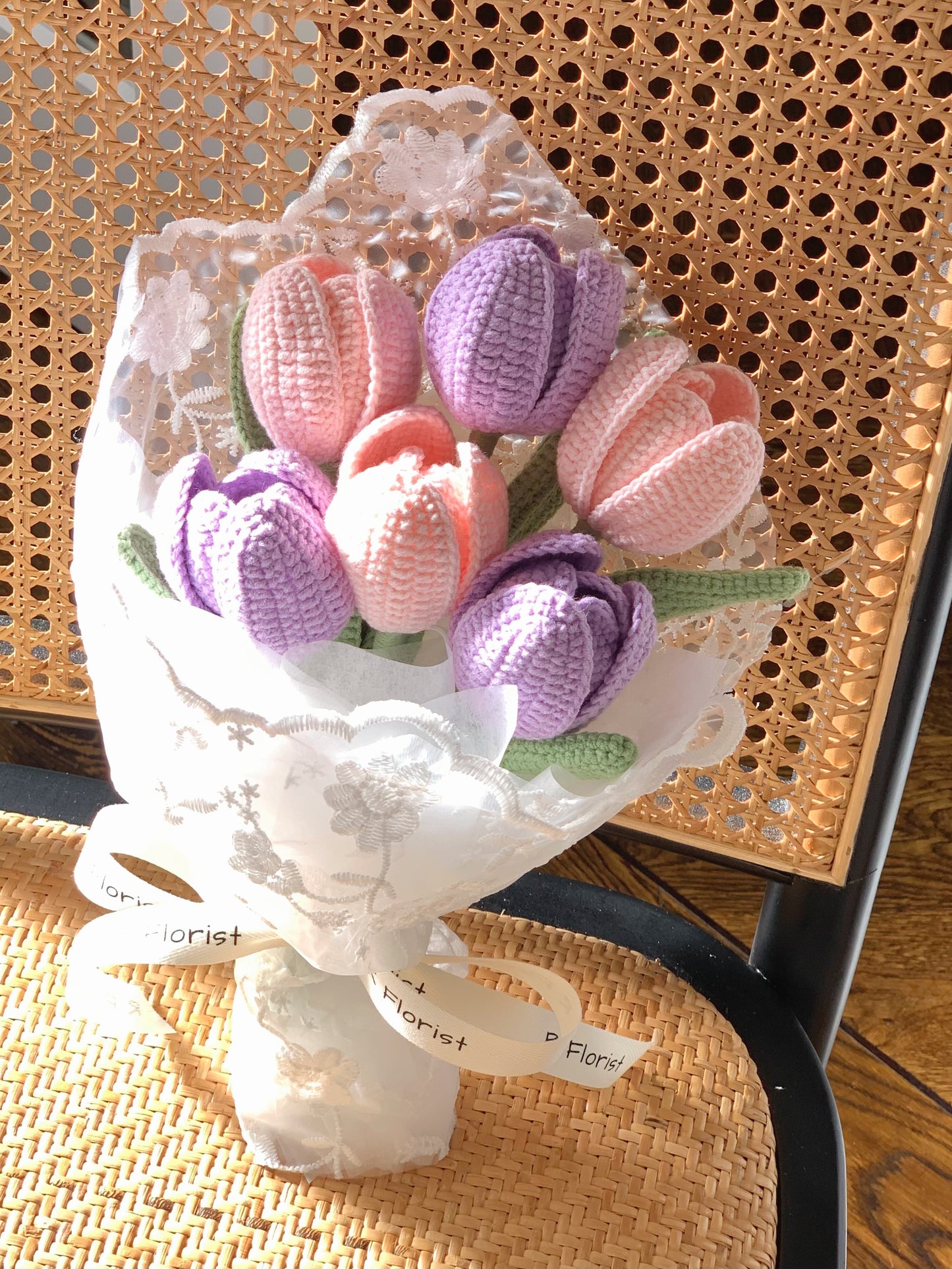 Pink & Purple Tulips Crochet Bouquet| Lace Wrapped Preserved Flower